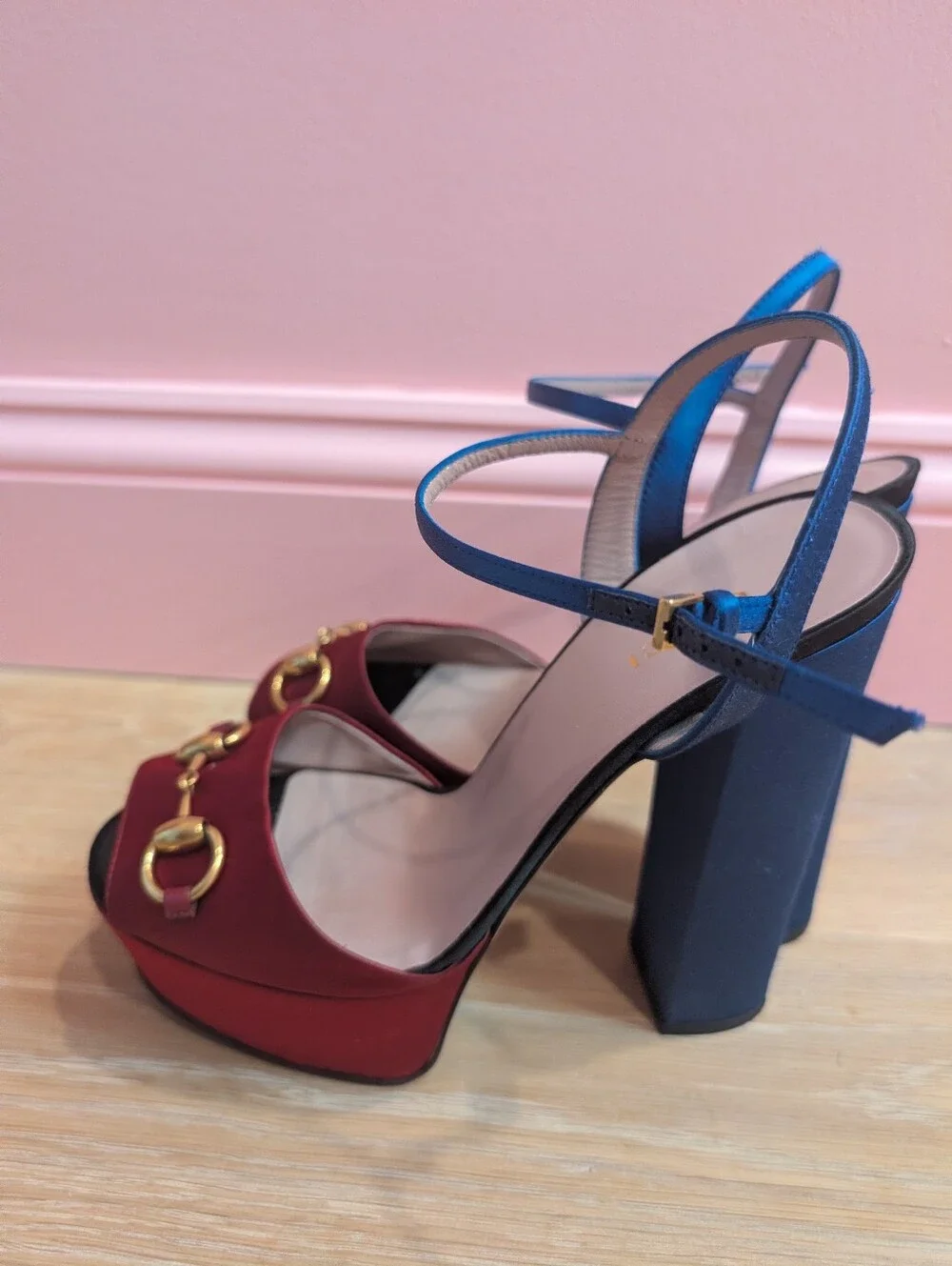 Gucci Claudie Horsebit Satin Platform Sandal Heel Blue Red/Burgundy38.5 Designer